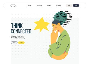 Düşünen insanlar, modern düz vektör illüstrasyonu- kadın düşünceli bir şekilde ayakta duruyor, aşağı bakıyor, kafa yakınındaki yansıma, analiz, iç gözlem, derin düşünce metaforu.