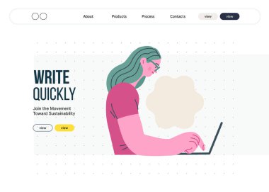 İnsanları yazmak, modern düz vektör konsepti illüstrasyonu- düşünceli bir şekilde dizüstü bilgisayarda yazan kadın, yansıma için baş metaforu, kişisel içgörü, tefekkür, yaratıcı ifade