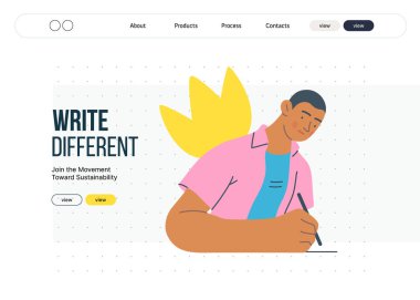 İnsanları yazmak, modern düz vektör konsepti çizimi. Düşünceli bir şekilde kağıda yazan kadın. Yansıma için baş metaforu, kişisel içgörü, tefekkür, yaratıcı ifade.