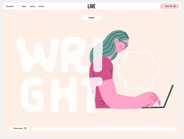 Writing people, modern flat vector concept illustration- sitting woman thoughtfully writing on laptop, bubble near head Metaphor for reflection, personal insight, contemplation, creative expression clipart