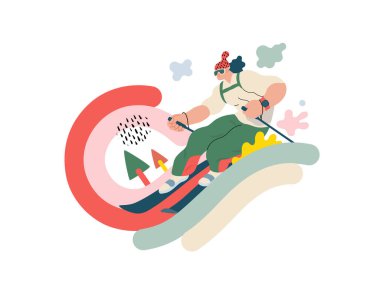 Hayat Çerçevesiz: Kayakçı - modern düz vektör konsepti gökkuşağının yamacından aşağı kayan ırkların çizimi. Tahmin edilemezlik, hayal gücü, kapris, varoluş döngüsü, oyun, büyüme ve keşif metaforu.