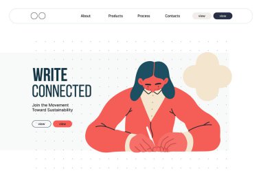 İnsanları yazmak, modern düz vektör konsepti çizimi. Düşünceli bir şekilde kağıda yazan kadın. Yansıma için baş metaforu, kişisel içgörü, tefekkür, yaratıcı ifade.