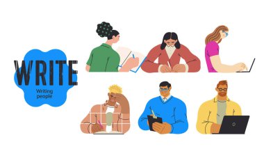 İnsanları yazmak, modern düz vektör illüstrasyonları insanları kağıda ya da cihaza yazmaya zorluyor. Yansıma, içgörü, tefekkür, yaratıcı ifade metaforu