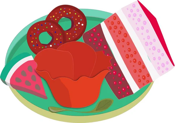 Vector Graphics Tasse Blumen Kuchen Wassermelonen Donuts Auf Einem Grünen — Stockvektor