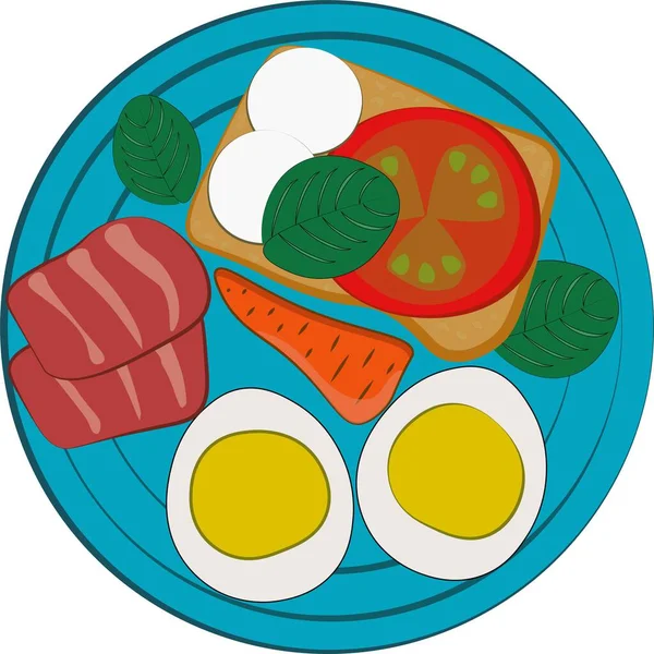 Vector Graphics Breakfast Sandwich Eggs Bacon Blue Plate — Stock Vector