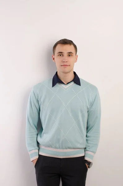 Portrait Young Man Blue Sweater Black Shirt Collar Light Background — Stock Photo, Image