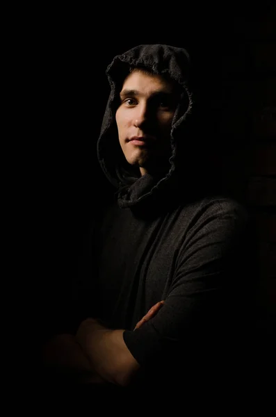 Portrait Young Man Hood Close Black Background Studio Light — Stock Photo, Image