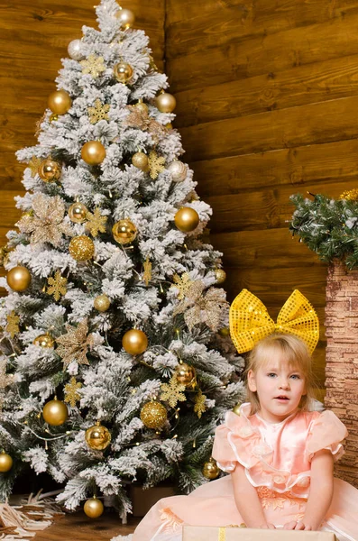 一个穿着节日舞会礼服 头上顶着巨大黄色蝴蝶结的快乐女孩 坐在一间有木制墙壁的房间地板上的一块地毯上 背靠着一棵圣诞树 — 图库照片