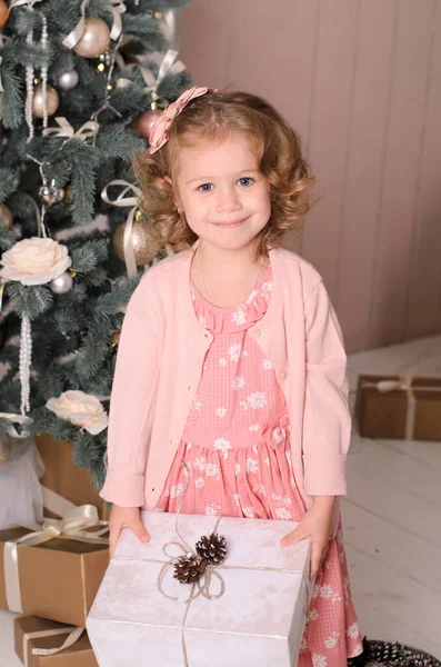 漂亮的姑娘 穿着粉红色的衣服 留着一头秀发 手里拿着一个白色礼品盒 背靠着一棵圣诞树 — 图库照片
