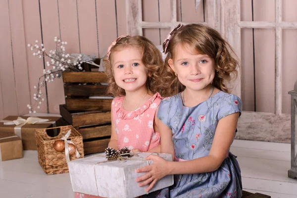 身穿蓝色和粉色球衣的美丽微笑的姐妹们 手拿一个白色礼品盒 坐在木制墙壁的后面 — 图库照片