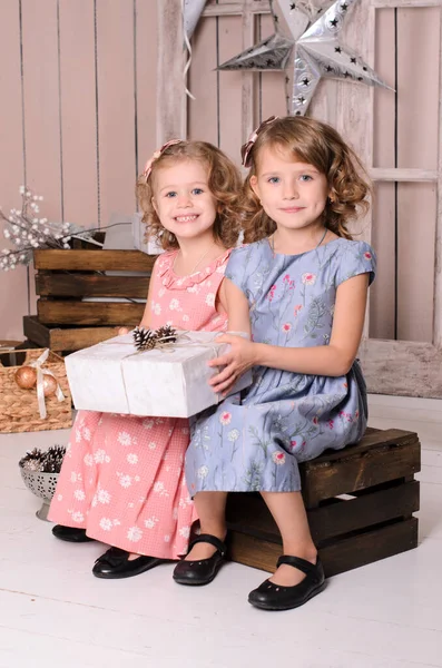 Krásné Usměvavé Sestry Modrých Růžových Plesových Šatech Sedí Dřevěné Krabici — Stock fotografie