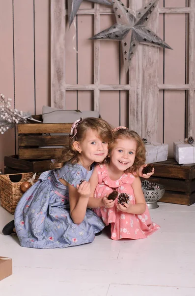 青とピンクのボールのガウンを着た美しい笑顔の姉妹は クリスマスのために装飾された木製の壁の背景に抱きつく — ストック写真