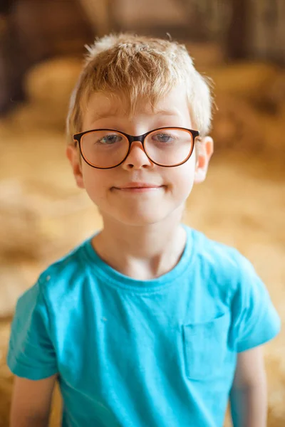 一个戴眼镜 身穿蓝色T恤 脸上带着奇怪表情的男孩站在谷仓的后面 站在里面 — 图库照片