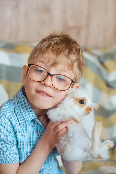 一个戴着蓝色格子花T恤眼镜的男孩抱着一只白兔 靠着墙的后面 墙边有一堆草堆 上面铺着格子布毯子 — 图库照片