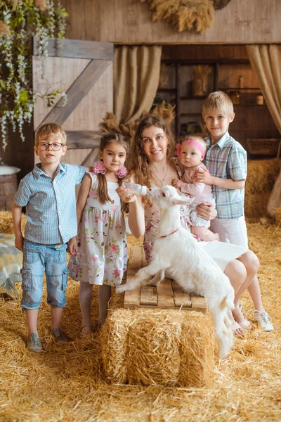 母亲和她的四个孩子站在通向谷仓的木门前 正在喂一只白山羊宝宝 温馨的场景抓住了这个家庭对他们的动物的爱和关心 — 图库照片