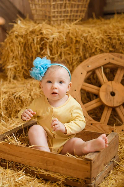 Маленькая Девочка Голубым Обручем Голове Деревянной Коробке Смотрит Тебя Фоне — стоковое фото