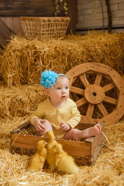 Egy Kislány Kék Karikával Fején Egy Fadobozban Amely Három Kiskacsa — Stock Fotó