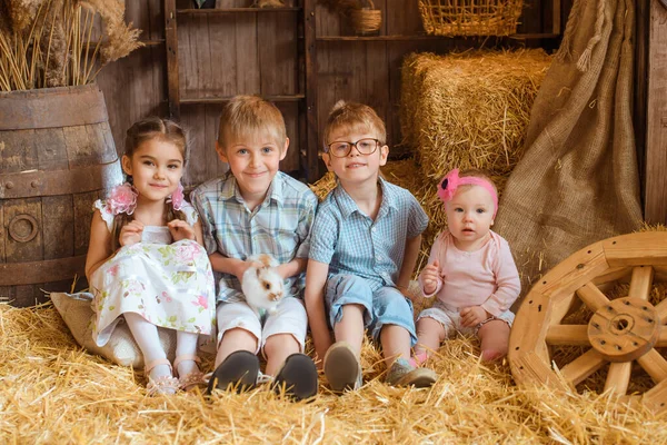 Four Siblings Sit Hay Rustic Barn Surrounded Wooden Crates Barrel — Stock Photo, Image