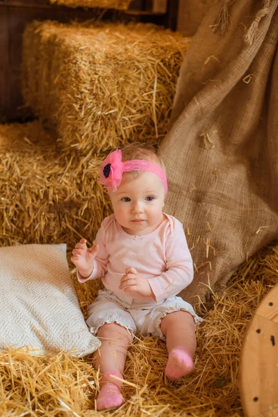 赤ちゃんはピンクの服を着た干し草の山の中に座って — ストック写真