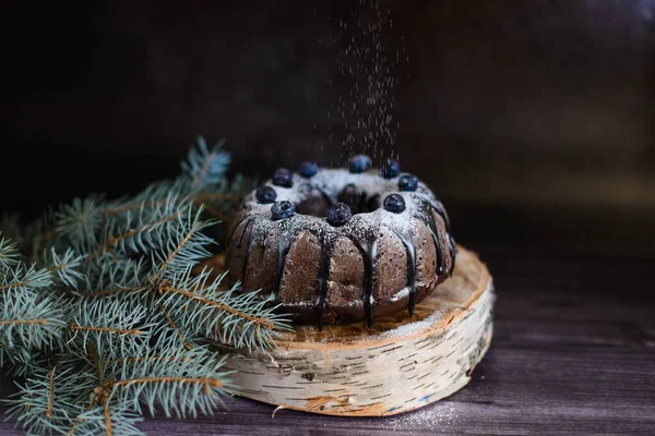 粉状糖巧克力松饼 用蓝莓装饰 在云杉枝旁结冰 深色底色 — 图库照片