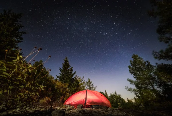 Tourist Tent Beautiful Night Sky Tahtaly Mountain Range Turkey — Stock Photo, Image