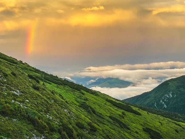 Regenbogen Und Sonnenuntergangswolken Den Karpaten Ukraine — Stockfoto
