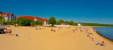 2022-06-05. People on the Sopot beach at the Grand Hotel The Grand Hotel is the most sophisticated hotel in Sopot, the main health and tourist resort. poland