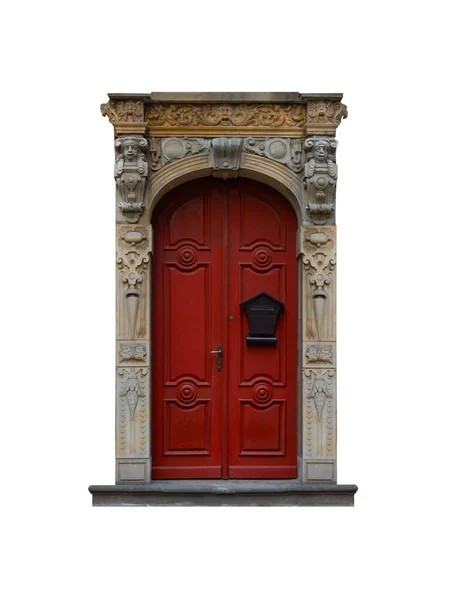 Czerwone Drewniane Drzwi Drzwiami Izolowane Białym Tle — Zdjęcie stockowe