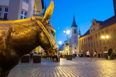 2022-07-06. Torun 'un tarihi bölgesinde, sokakta duran eski bronz bir eşek heykeli. Ortaçağ Avrupa şehri. Torun. Polonya