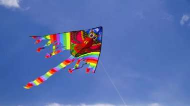 Yazın güneşli bir günde arka planda mavi gökyüzüne uçurtma uçurmak. Çocukluk. Özgürlük için. Oyuncak. Rahatla.