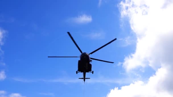 Rotation Helicopter Blades Blue Sky Slow Motion — Stock Video