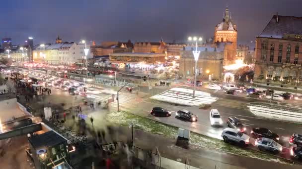 2022 Вид Историческую Часть Города Елочными Базарами Гданьска Польша Timelapse — стоковое видео