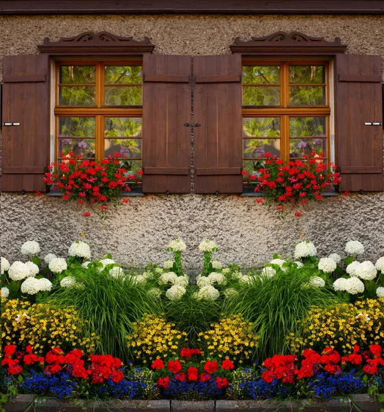 Piękne Kwiaty Tle Okien Domu — Zdjęcie stockowe