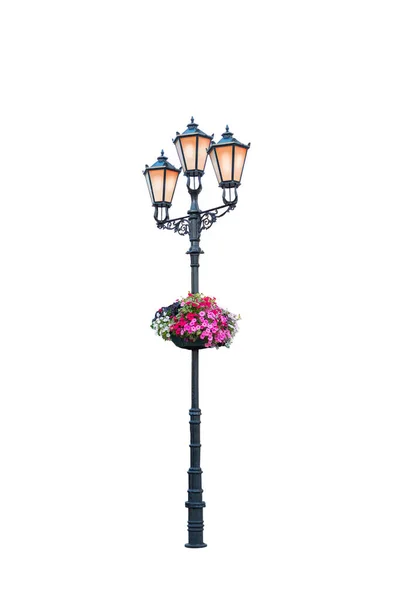 Petunya Çiçekli Klasik Sokak Lambası Beyaz Arka Grubunda Izole Edilmiş — Stok fotoğraf