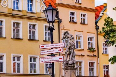 02 08 2022: Polonya 'nın Jelenia Gora kentindeki eski pazar meydanında Neptün Çeşmesi