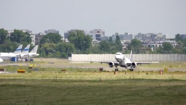 Mirage Airplane Taking Runway Warsaw Poland Slow Motion — Stock Video