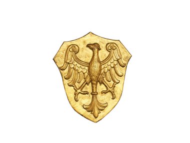 Beyaz arka planda izole edilmiş antika yaldızlı kartal amblemi