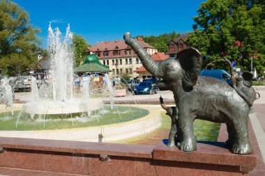2023-09-11; Fountain with elephants in front of main building of health resort Rabka Zdroj, Poland.
