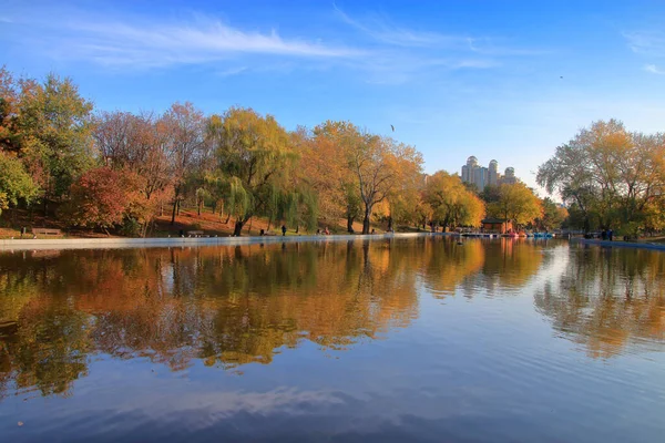 この写真はオデッサ市内の公共公園であるビクトリー パークで撮影された 写真は紅葉と青空が映し出された湖 — ストック写真