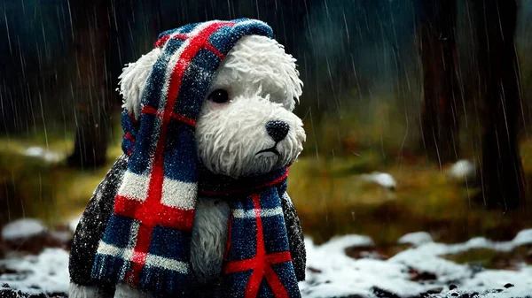 a small toy dog with britih flag scarf on the snow