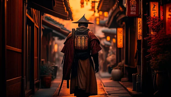 a old samurai walking in a lonely alley in the city of osaka at sunset with orange lights