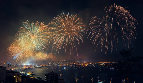 Celebrando Las Fiestas Año Nuevo Majestuoso Salute Coastal Cityscape Noche —  Fotos de Stock