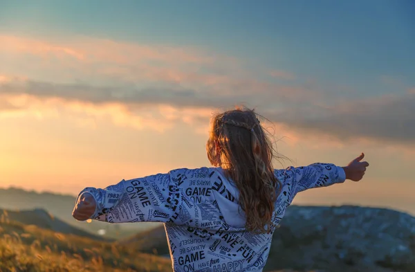 Dağlarda Eğlenen Genç Bir Kızın Arkası Elleri Havada Mutlu Bir — Stok fotoğraf