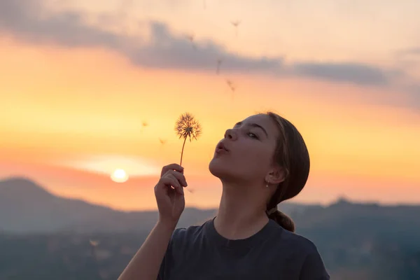 山の中の美しい夕日の空に素敵な10代の女の子の肖像画 タンポポの花を楽しんで吹いています 願い事をする 活発な十代の若者たち — ストック写真
