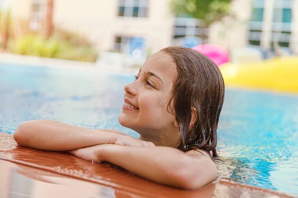Portrait Nice Girl Enjoying Time Pool Sweet Child Having Fun — Stock Photo, Image