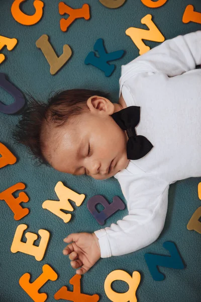 Closeup Portrait Pretty Serious Baby Boy Sleeping Home Childs Bedroom — Stock Photo, Image
