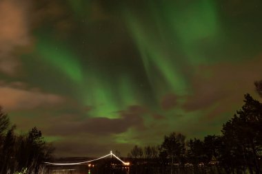 Gökyüzünde dans eden muhteşem bir Aurora Borealis manzarası. Gecenin görkemli kuzey ışığı. Norveç 'e git. Vahşi doğanın güzelliği.