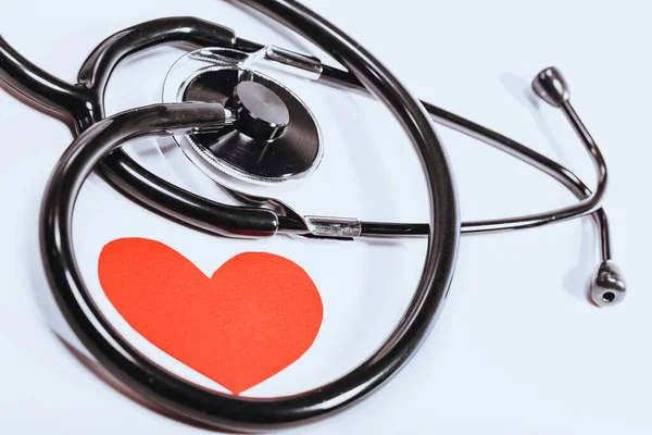 Black Stethoscope Isolated White Background Red Heart Symbol Cardiology Conceptual — Stock Photo, Image