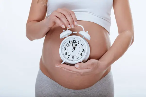 Pregnant Girl Holds Watch Her Hands Saying Very Soon She — Stock Photo, Image