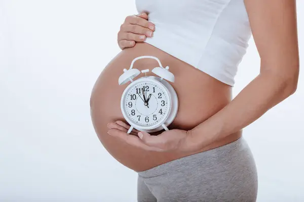 Pregnant Girl Stands Sideways Holds Watch Her Hands Very Soon — Stock Photo, Image